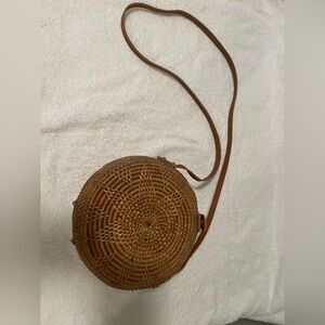 Round Woven Tan Crossbody Bag